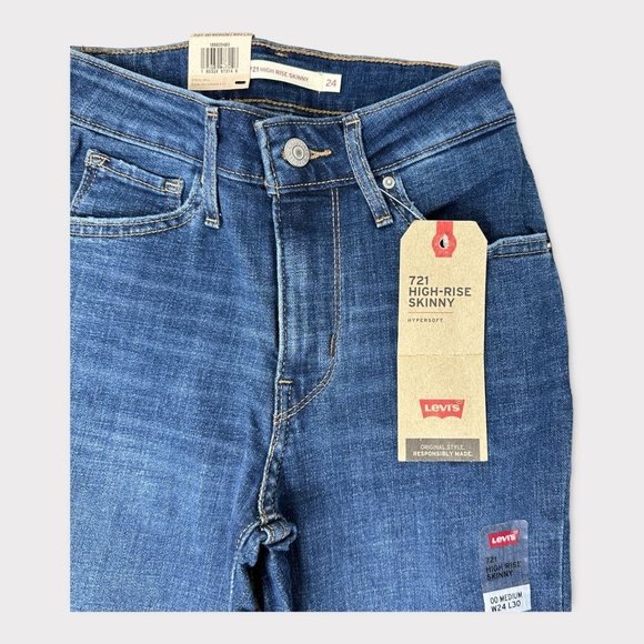 24x30 Levis Jeans Women's 00 721 High Rise Skinny Distressed Dark Blue Denim New - Picture 2 of 11